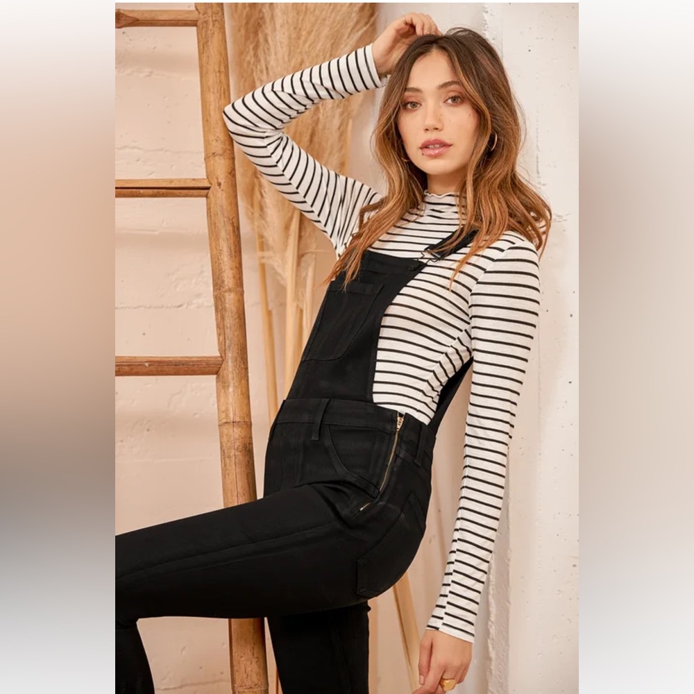 NWOT Pistola Denim Black Skinny Overalls and black and white striped top